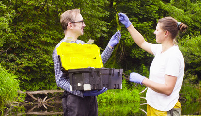 Man and woman scientist environmentalist standing in a river. Woman taking sample of duckweed. Man...