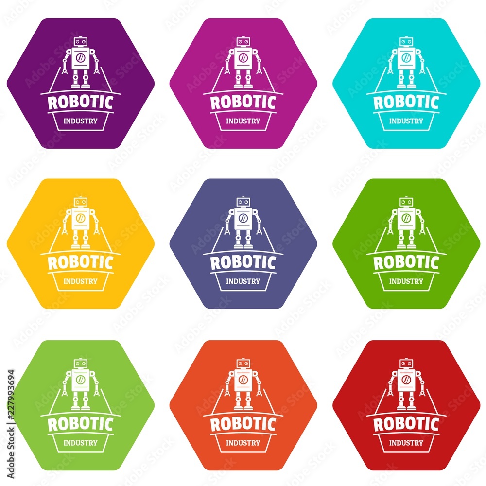 Aufkleber robot future icons 9 set coloful isolated on white for web