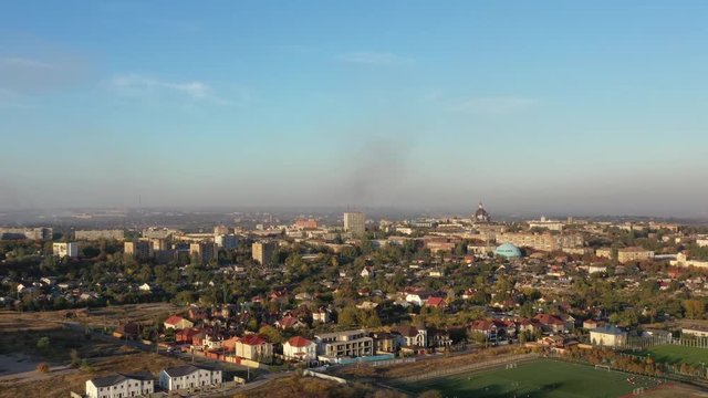 Smog over the city. Aerial drone shot