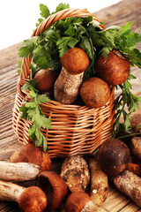 raw mushrooms on wooden table. organic fresh mushrooms