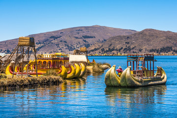 Uros floating islands of lake Titicaca, Peru, South America - obrazy, fototapety, plakaty