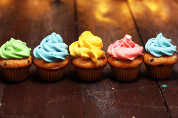 Tasty cupcakes on christmas winter background. Birthday cupcake in rainbow colors.