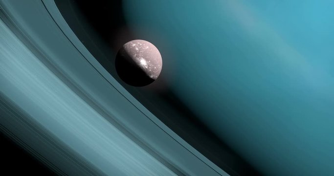 Ariel or Uranus I orbiting between the rings of Uranus planet