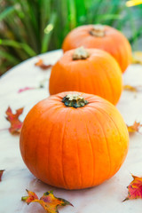 Three pumpkins with fall leaves on stone table with gaarden seasonal background. Autumn harvest, thanksgiving, halloween concept. healthy diet food. Selective focus. Copy space. Vertical.