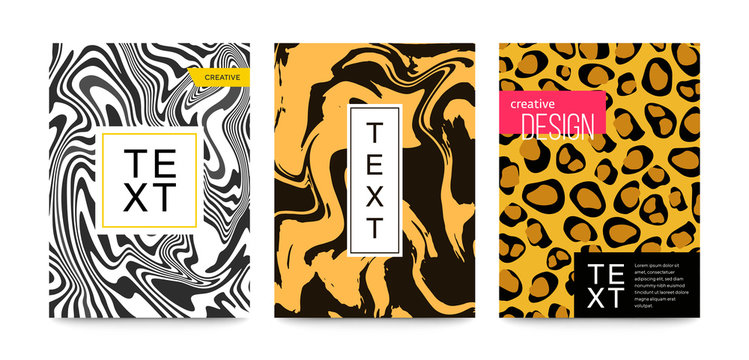 Animal patterns set zebra, leopard, snake, tiger, snow leopard. Marble texture. Fluid art. For design covers, presentation, invitation, flyers, annual reports, posters and business cards.