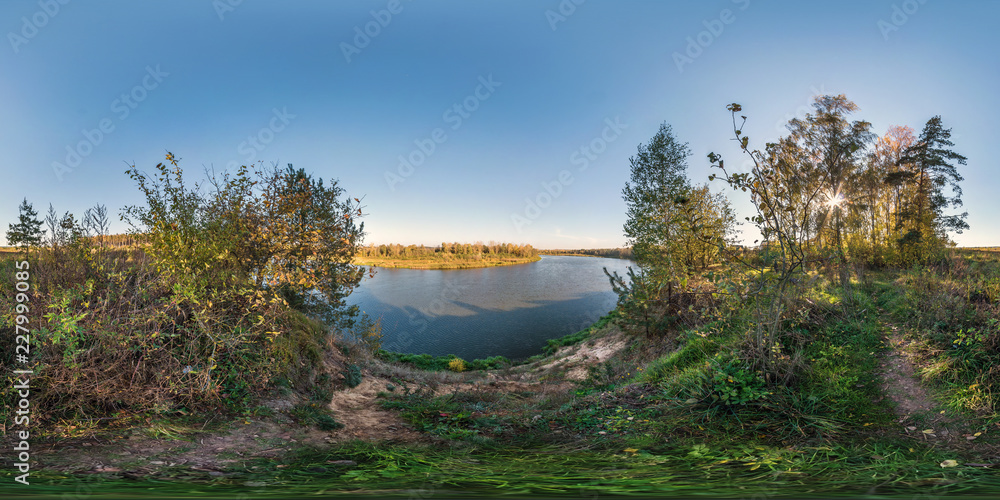 Wall mural full seamless spherical cube panorama 360 by 180 degrees angle view on precipice of a wide river in 