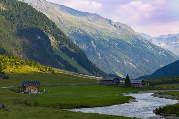High mountain alpine valley at summer.  Krimmler Tauernhaus. Austria.
