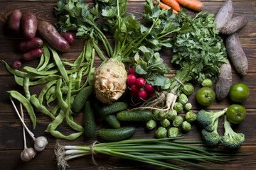 Natural fresh vegetables on the wood.