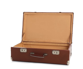 Open suitcase for travelling on white background