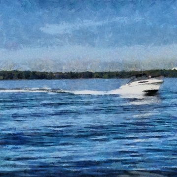 Hand drawing watercolor art on canvas. Artistic big print. Original modern painting. Acrylic dry brush background. White boat sailing on the lake. Bright blue water.