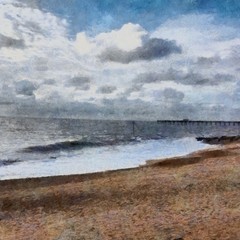 Hand drawing watercolor art on canvas. Artistic big print. Original modern painting. Acrylic dry brush background. Beautiful sea beach landscape. Tropical resort. Paradise view. Blue bright sky clouds