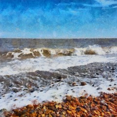 Hand drawing watercolor art on canvas. Artistic big print. Original modern painting. Acrylic dry brush background. Beautiful sea beach landscape. Tropical resort. Paradise view. Blue bright sky clouds