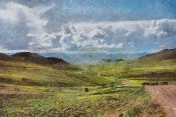 Fototapeta premium Hand drawing watercolor art on canvas. Artistic big print. Original modern painting. Acrylic dry brush background. Beautiful green mountain landscape. Wild nature. Paradise view. Blue bright sky 