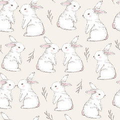 Modèle sans couture avec de mignons lapins blancs. Illustration vectorielle dessinés à la main.
