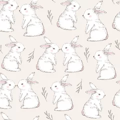 Voilages Lapin Modèle sans couture avec de mignons lapins blancs. Illustration vectorielle dessinés à la main.