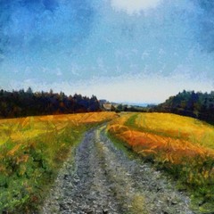 Hand drawing watercolor art on canvas. Artistic big print. Original modern painting. Acrylic dry brush background. Beautiful summer landscape. Wild nature. Road in the field. Blue bright sky 