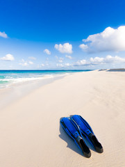 Fototapeta na wymiar Snorkeling equipment on tropical white sandy beach - Summer Holidays