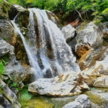 Hand drawing watercolor art on canvas. Artistic big print. Original modern painting. Acrylic dry brush background. Beautiful waterfall landscape. Wild nature. Paradise view. 