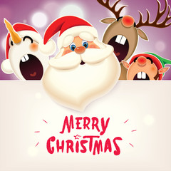 Christmas companion-Santa Claus, Snowman,Reindeer and Elf with textual signboard isolated on a sparkle purple background
