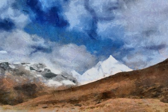Hand drawing watercolor art on canvas. Artistic big print. Original modern painting. Acrylic dry brush background. Beautiful snow mountain landscape. Wild nature. Paradise view. Blue bright sky clouds