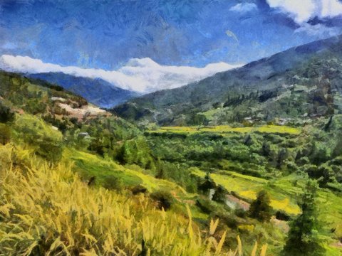 Hand drawing watercolor art on canvas. Artistic big print. Original modern painting. Acrylic dry brush background. Beautiful  mountain landscape. Wild nature. Paradise view. Blue bright sky clouds