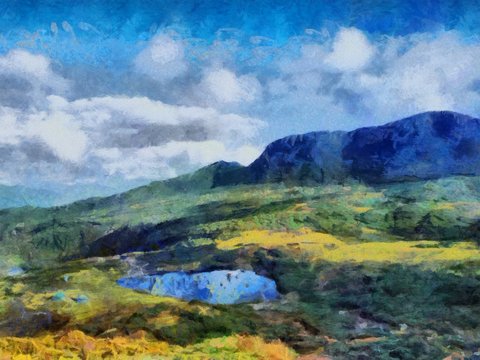Hand drawing watercolor art on canvas. Artistic big print. Original modern painting. Acrylic dry brush background. Beautiful  mountain landscape. Wild nature. Paradise view. Blue bright sky clouds
