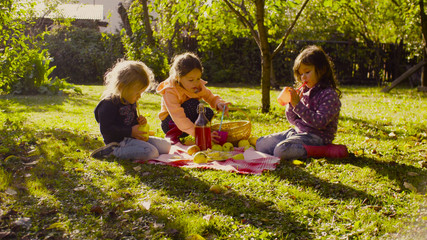 Autumn. Picnic in the garden. Children sitting on grass and drinking compote