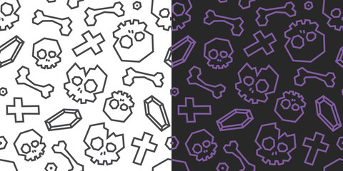 Skulls and bones low poly seamless pattern. Black and white background, 2 versions.