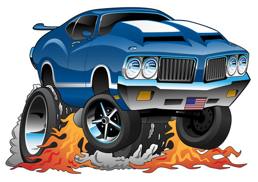 Classic Seventies American Muscle Car Hot Rod Cartoon Vector Illustration