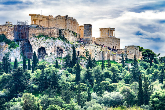 Acropolis Green Trees Temple Athena Nike Propylaea Agora Athens Greece