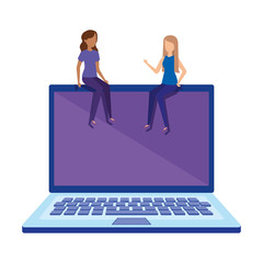 laptop with mini girls working