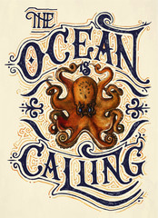 "The ocean is calling" quote with botanical illustration of octopus. Typography poster with ornamental vintage letters.