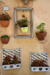Flowers in a pots hung on a wall.