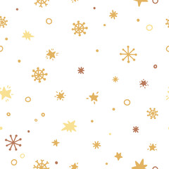 Golden snowflakes and stars seamless pattern. Winter time beautiful background with snowflakes elements