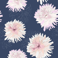Elegant seamless pattern with hand drawn decorative gerbera dahlia flowers, design elements. Floral blue pattern for wedding invitations, greeting cards, scrapbooking, print, gift wrap, manufacturing.