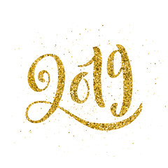 Happy New 2019 Year. Vector illustration. Greeting card for Christmas holydays. Gold sparkling typography.