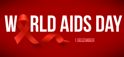 Banner with realistic red ribbon. Poster with symbol for world aids day, 1 december. Design template, vector.
