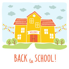 Fototapeta premium Back to school card design. Funny cartoon hand drawn school building over landscape background. Cartoon vector clip art eps 10 illustration on white background. Hand lettering.