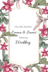 Tropical jungle orchid flowers and exotic ficus tree on light background. Text placeholder in the middle. Wedding marriage event gold frame invitation. Vintage style.