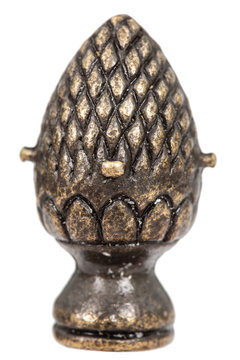 Decorative element in the form of pine cone from bronze, isolated on white background