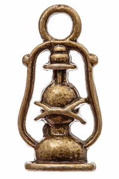 Kerosene lamp or storm lantern for lighting streets and houses, decorative element from bronze, isolated on white background