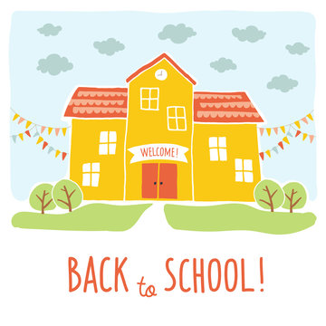 Back to school card design. Funny cartoon hand drawn school building over landscape background. Cartoon vector clip art eps 10 illustration on white background. Hand lettering.