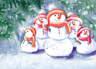 Christmas snowman family under the snow. Watercolor illustration.