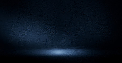 Background of empty dark room with concrete floor. Empty walls, neon light, smoke.