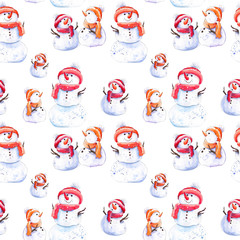 Christmas pattern with snowman familly. Watercolor on white background.
