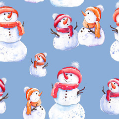 Christmas pattern with snowman familly. Watercolor on blue background.