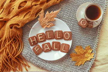 Autumn cozy flat lay. Top view. Hot tea cup and round white plate with cookies text HELLO FALL,...
