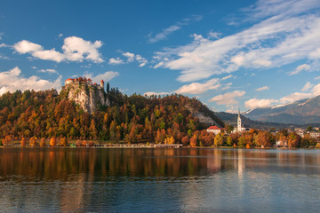 Scenic view of Bled lake at sunny autumn day