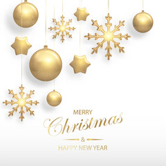 Fototapeta na wymiar Vector illustration of Christmas background with golden 3d realistic christmas ball, star, snowflake decorations isolated on white. New year and xmas holiday winter concept