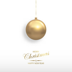 Vector illustration of Christmas  golden 3d realistic christmas ball  decoration element isolated on white. New year and xmas holiday winter concept
